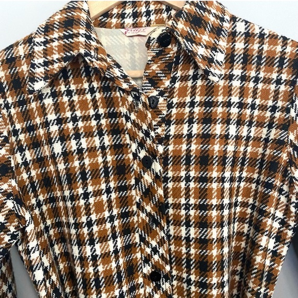 Vintage 60s Brown Black Cream Plaid Mini Dress Long Sleeve Belted Go-Go Mod S - Picture 3 of 8